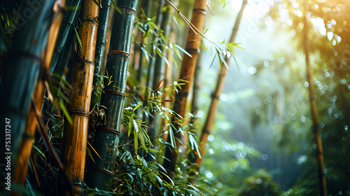 bamboo forest in the morning, Bamboo trees with green leaves close-up in a botanical garden. sochi, russia photo