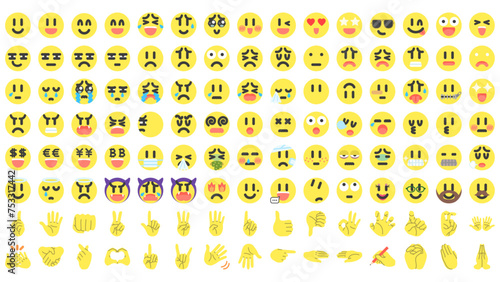 120種類の黄色い丸い顔とハンドサイン。ベクターアイコンイラストセット。
120 types of yellow round faces and hand signs. Vector icon illustration set.