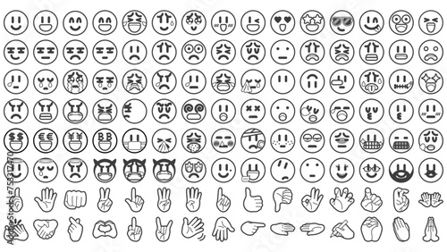 120種類の丸い顔とハンドサイン。白黒とグレー。ベクターアイコンイラストセット。
120 types of round faces and hand signs. Black, white, and gray color. Vector icon illustration set.