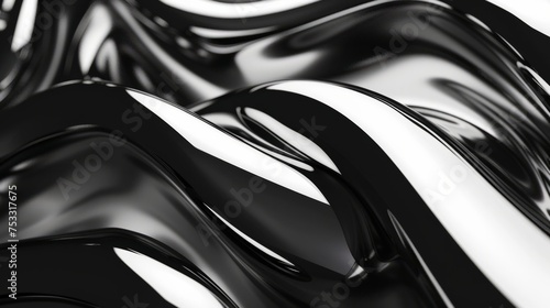 Glistening fluid waves in black and white hues chromatic backdrop. Silver-colored glossy metal surface. Retro psycho 3D-shaped desktop wallpaper.