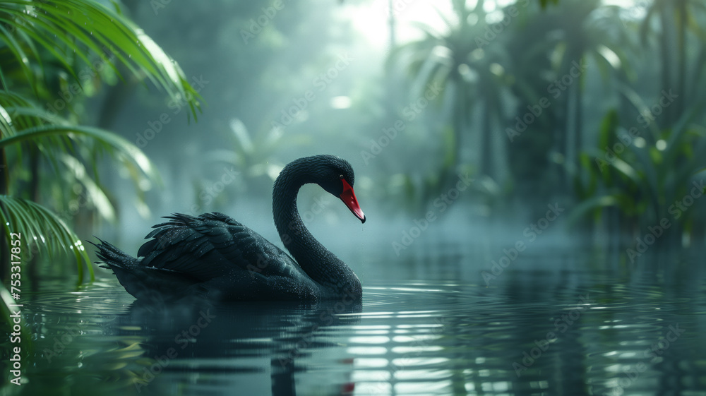 Fototapeta premium a Black swan on a serene pond with red flowers in the background in a Natural ethereal-themed, horizontal format of photorealistic illustration in JPG. Generative ai