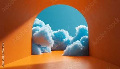 Abstract minimal orange background with blue clouds flying out the tunnel