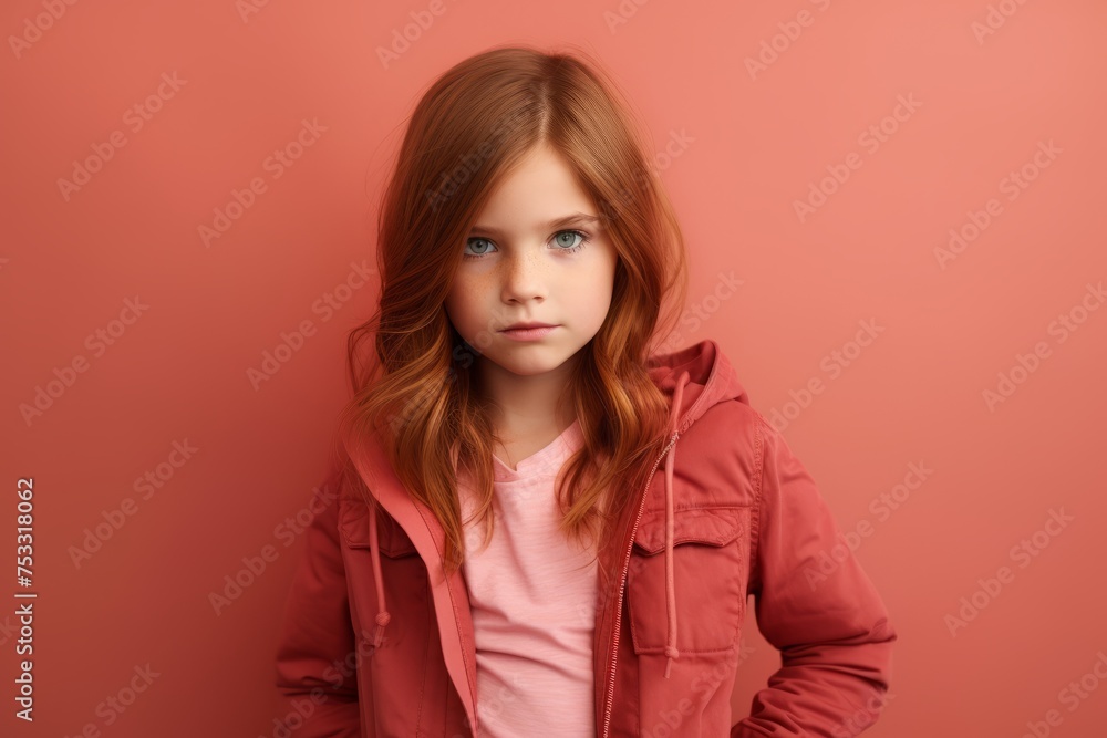 Portrait of a serious red-haired girl in a pink jacket. Portrait of a serious red-haired girl in a pink jacket.