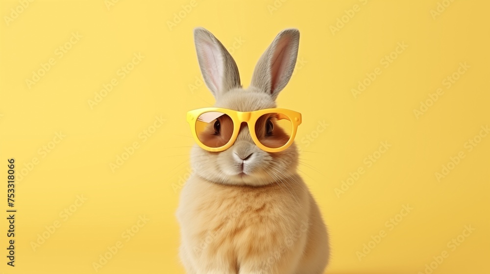 Cool bunny in sunglasses on yellow background