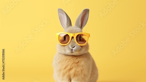 Cool bunny in sunglasses on yellow background