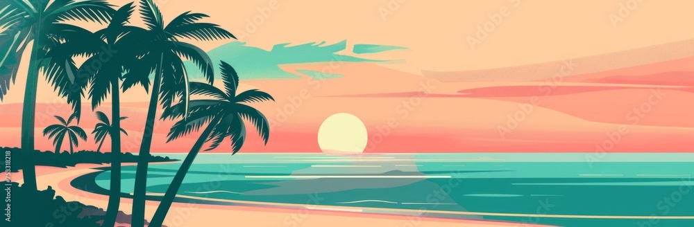 illustration of a beach with palm trees, sunset, simple shapes Generative AI