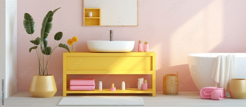 Bright Bathroom Corner with White and Yellow Walls Concrete Floor Bathtub and Pink Table Showing Towels and Bottles Bright Bathroom Corner with White and Yellow Walls Concrete Floor Bathtub and Pink Table Showing Towels and Bottles