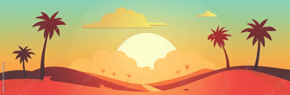 Flat illustration of a desert landscape with palm trees, sun and clouds retro style Generative AI