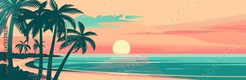 illustration of a beach with palm trees  sunset  simple shapes Generative AI