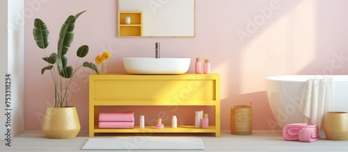 Bright Bathroom Corner with White and Yellow Walls Concrete Floor Bathtub and Pink Table Showing Towels and Bottles © LukaszDesign