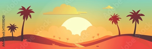 Flat illustration of a desert landscape with palm trees  sun and clouds retro style Generative AI