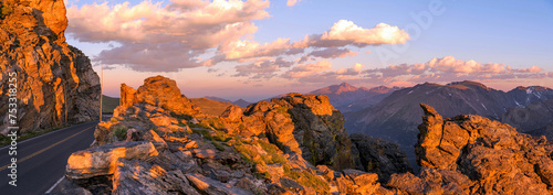Sunset at Rock Cut - A panoramic sunset view of Trail Ridge Road at Rock Cut, with Longs Peak (14,255 ft) towering in background, on a calm Summer evening. Rocky Mountain National Park, Colorado, USA. © Sean Xu