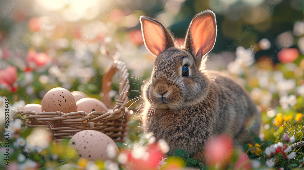 Living Easter bunny with eggs in a basket on a meadow in spring. Living Easter bunny with eggs in a basket on a meadow in spring.