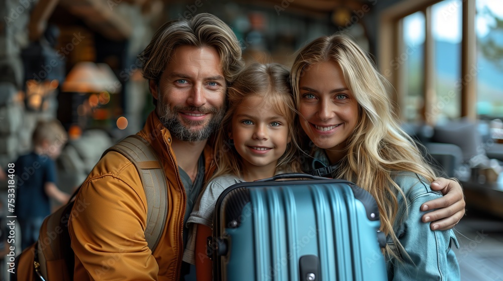 a man , woman and child are posing for a picture with a suitcase
