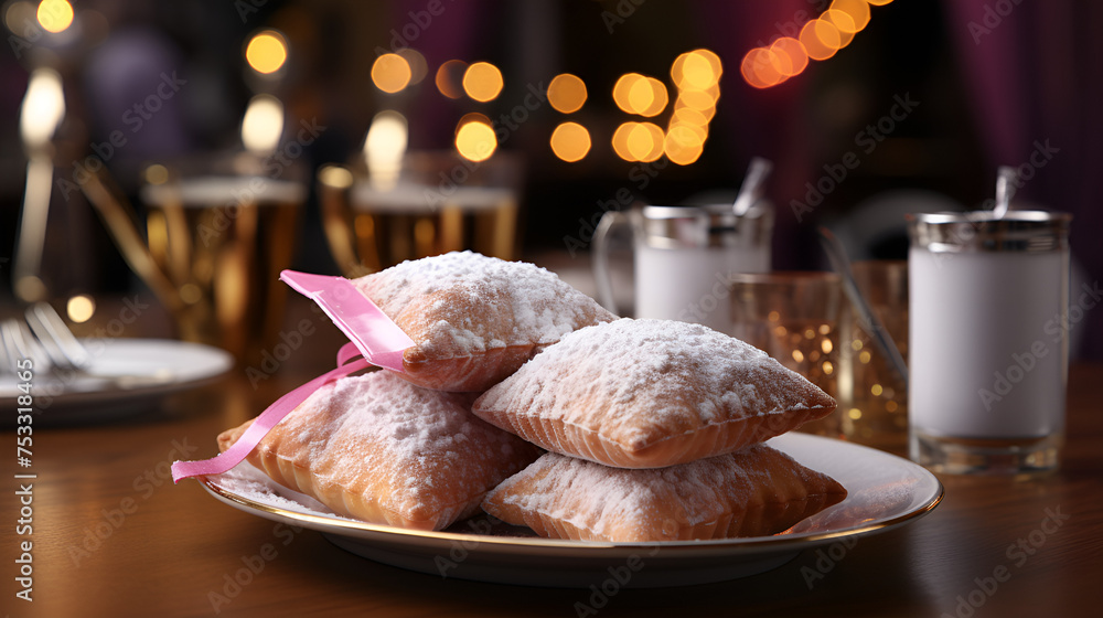 christmas cookies on a table, Bunuelos mexican desserts Food Photography, A tower of cream puffs with a dusting of powdered sugar