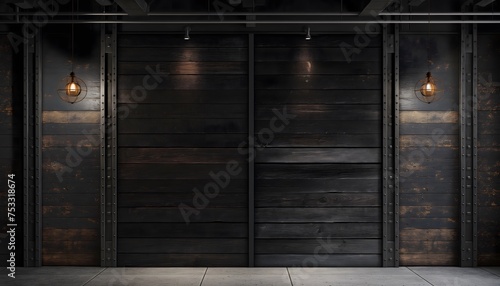 Industrial architecture wall mockup featuring a dark center with wooden panels on both the left and right sides © dip