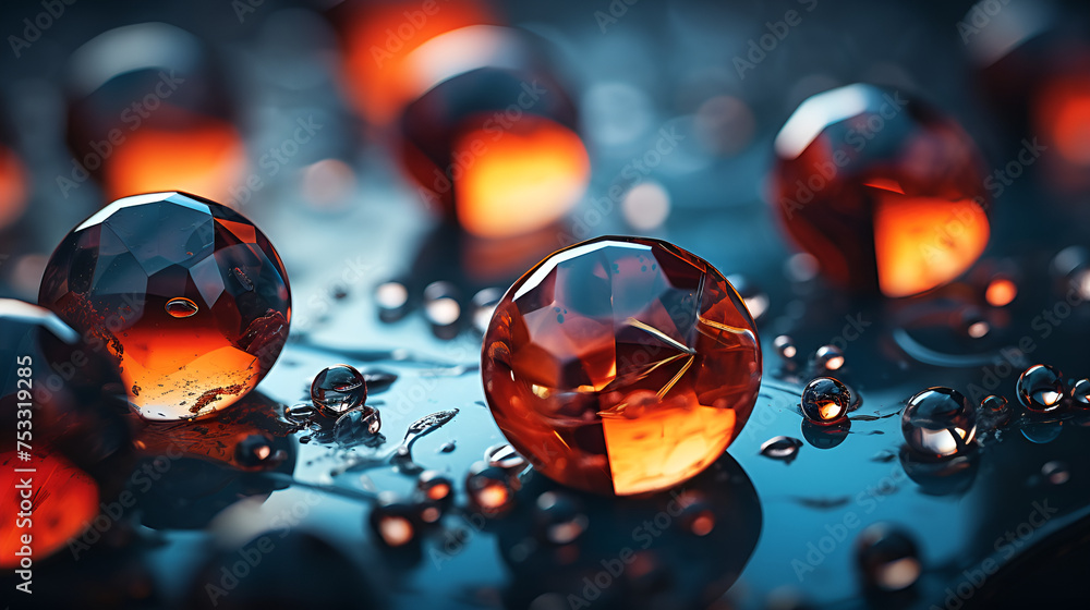 drops of water on a glass, Closeup oily bubbles and droplets in colourful watery backdrop, wallpaper - obrazy, fototapety, plakaty 