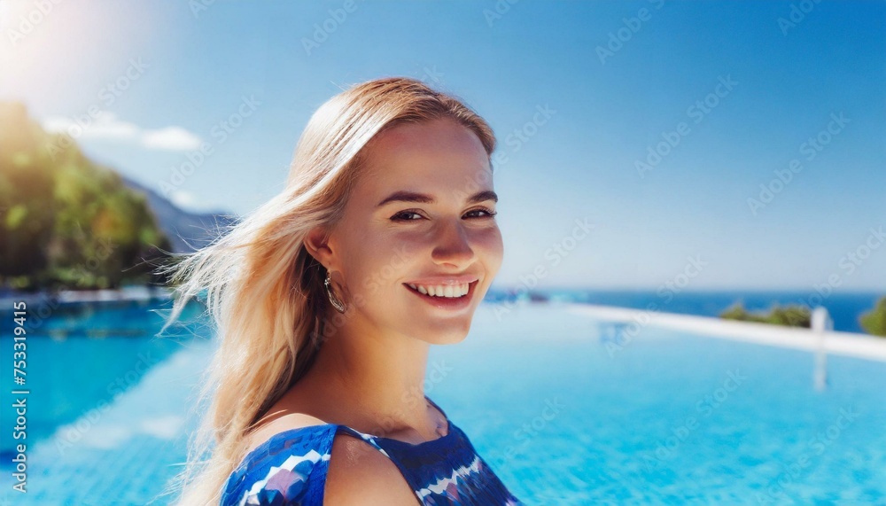 Carefree woman relaxation in swimming pool summer. Holiday concept