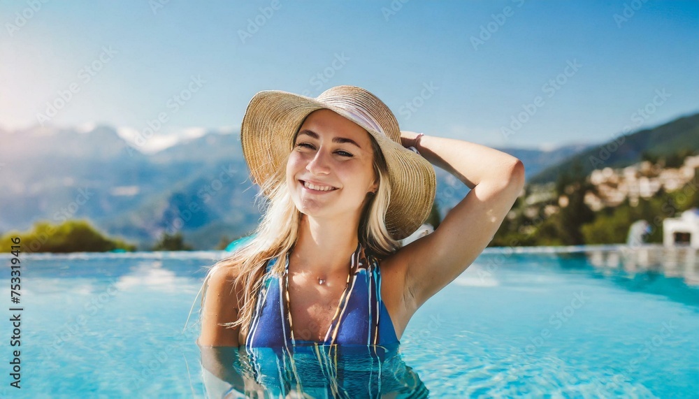 Carefree woman relaxation in swimming pool summer. Holiday concept Carefree woman relaxation in swimming pool summer. Holiday concept