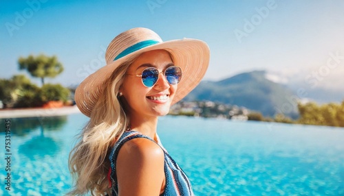 Carefree woman relaxation in swimming pool summer. Holiday concept 