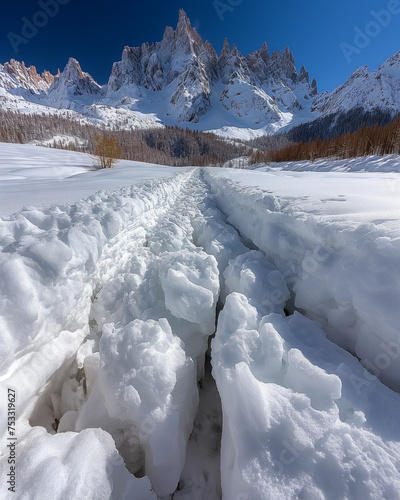 Snowy Path Leading to Mountain Peaks