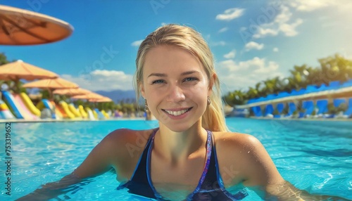 Portrait of happy young blonde woman in waterpark swimming pool. © adobedesigner