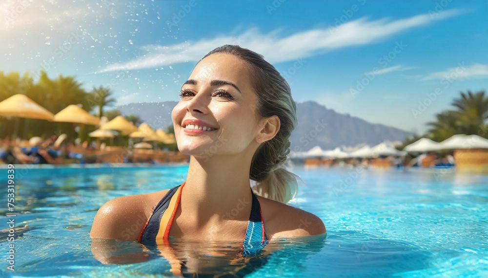 Portrait of happy young blonde woman in waterpark swimming pool