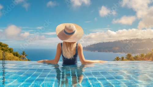 Carefree woman relaxation in swimming pool summer. Holiday concept