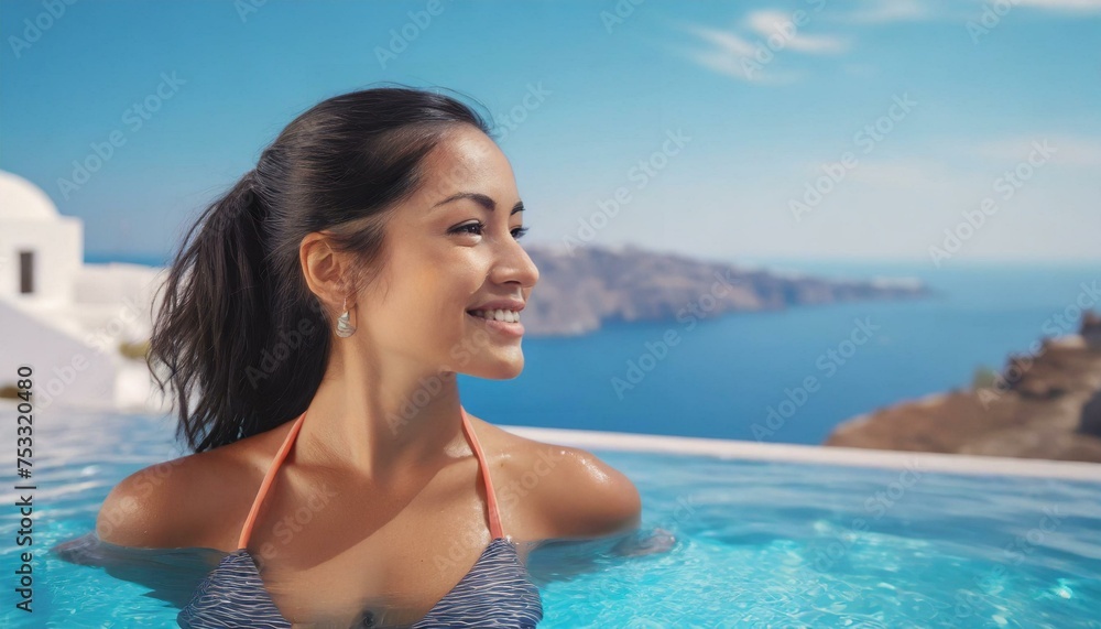Beautiful women on vacation at Santorini relaxing in swimming pool looking out over ocean.