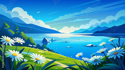 lake and blue sky , landscape with lake and mountains vector background 