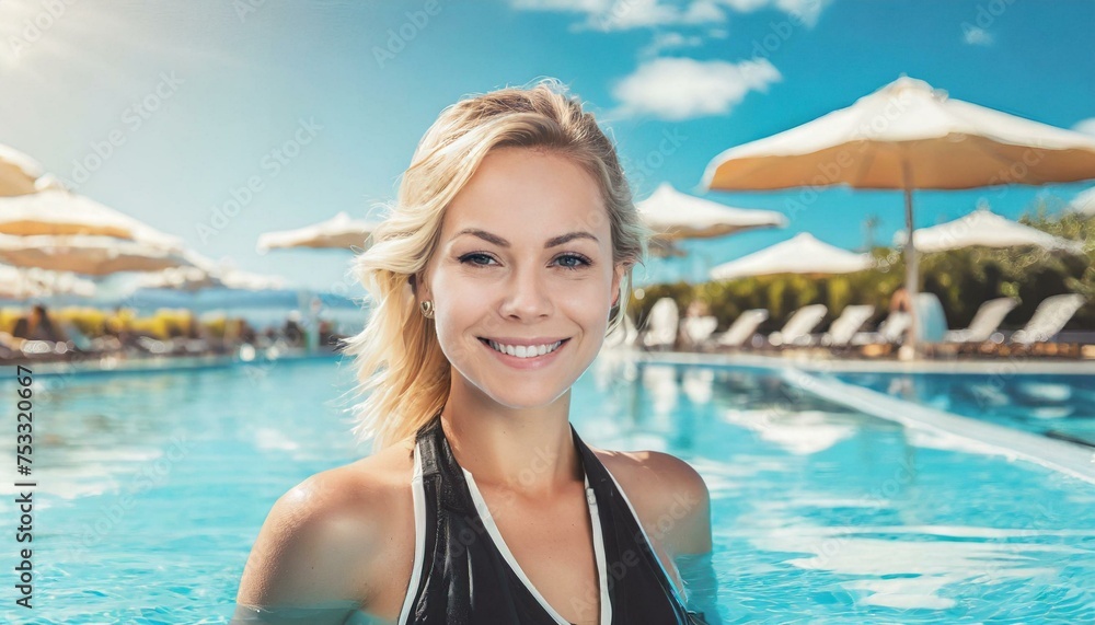 Portrait of happy young blonde woman in waterpark swimming pool. Holiday concept 