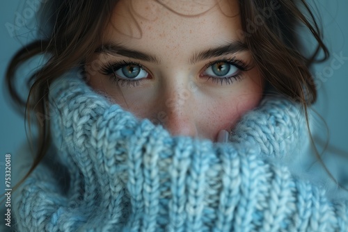 a close up of a woman covering her face with a sweater