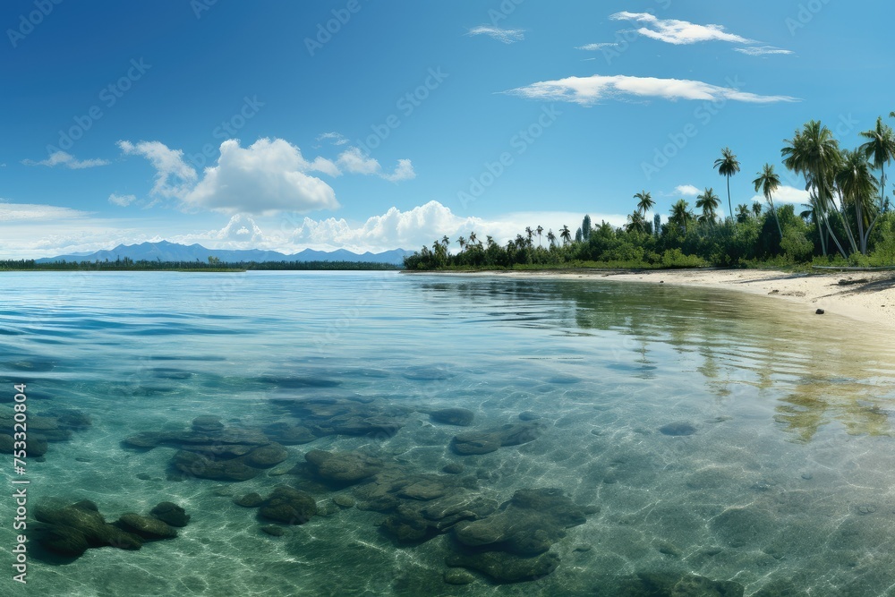 Rocky beach with palm trees against a backdrop of blue sky and water Rocky beach with palm trees against a backdrop of blue sky and water