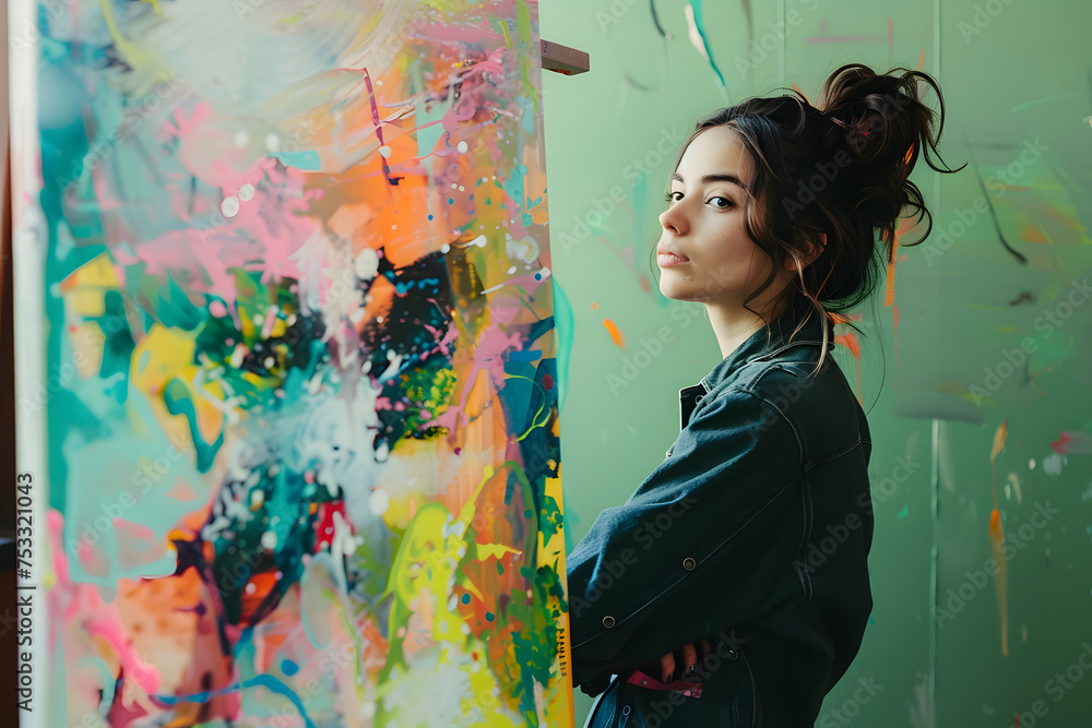 Young artist holding a paintbrush, canvas unseen, inspired look, rich indigo background Young artist holding a paintbrush, canvas unseen, inspired look, rich indigo background