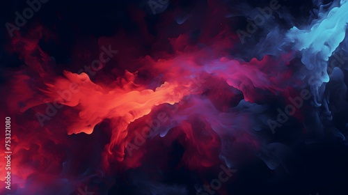 3D glowing burning background wit smoke or colorful clouds. Abstract neon banner wallpaper futuristic. Isolated colorful blue red white smoke on black background, hot and cold contrast 