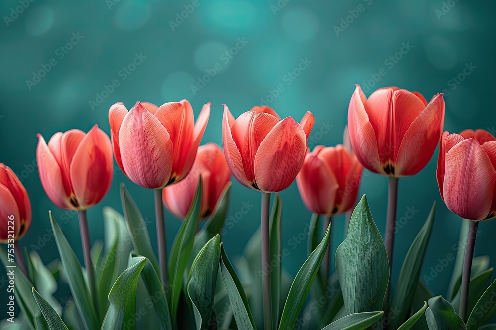 spring flowers banner - bunch of red tulip flowers on green background with copy space.