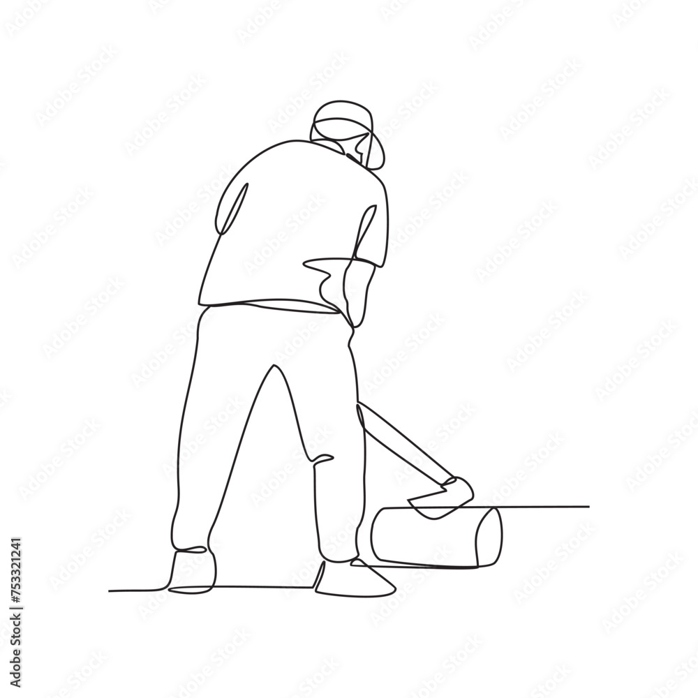 Splitting Line Drawing One continuous line drawing of the people are splitting wood in the ...