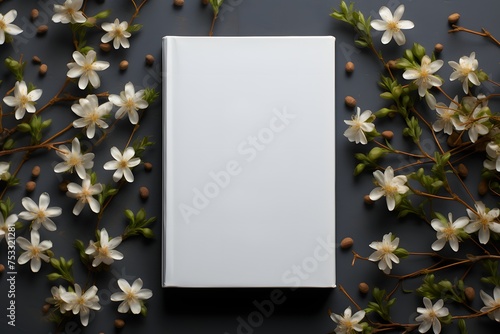 White blank book cover mockup on a dark background with flowers, top view. photo