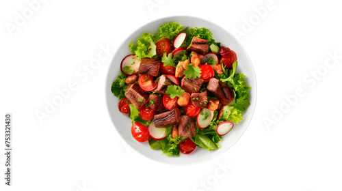Fresh green vegetable salad with lettuce, tomatoes, cucumber, avocado, meat in a plate isolated on transparent background, top view. Healthy diet food.