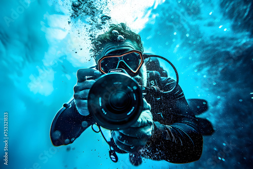 Intrepid underwater photographer with camera, oceanic explorer, deep sea blue background 