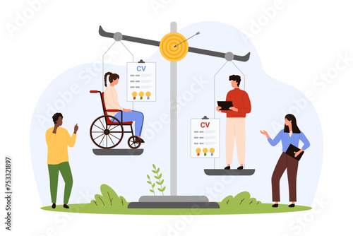 Discrimination of employee with disability and ableism, unequal career opportunity. Tiny people weighing professional skills on scales, inequality for woman in wheelchair cartoon vector illustration