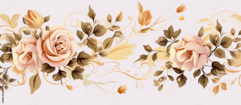 Floral pattern featuring roses with buds Elegant design for textile and decor Gold rose accents for fabric and home interiors