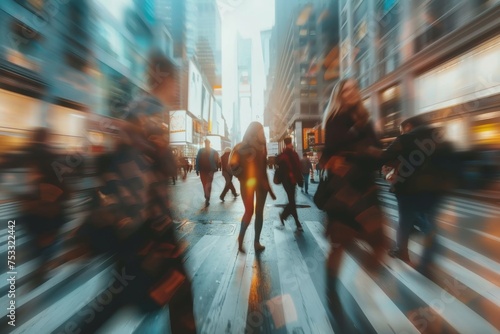 Motion blur of people walking in the morning rush hour, busy modern life concept