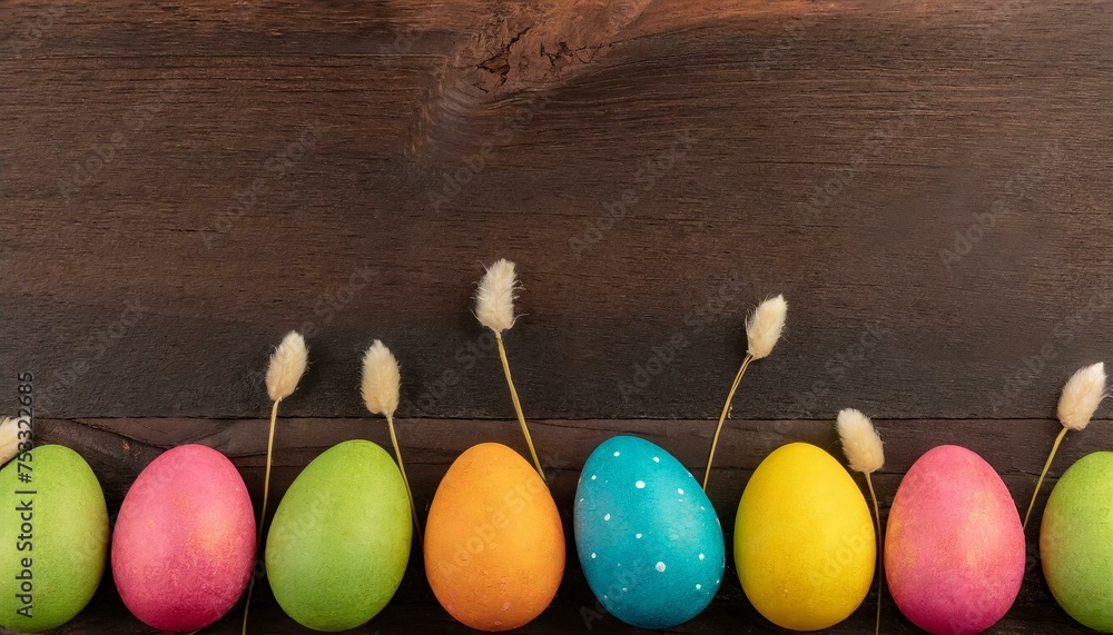 Obraz premium Colorful Easter Egg bottom border over a dark wood banner background. Copy space.