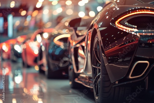 Row of sports cars at an exhibition in dealership with bright lighting