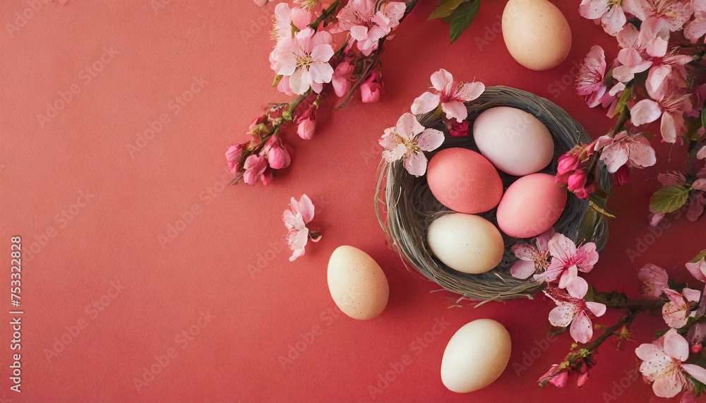 Minimalistic Easter background with eggs in pastel pink colors with spring red flowers on a light blue background with copy space for text. 