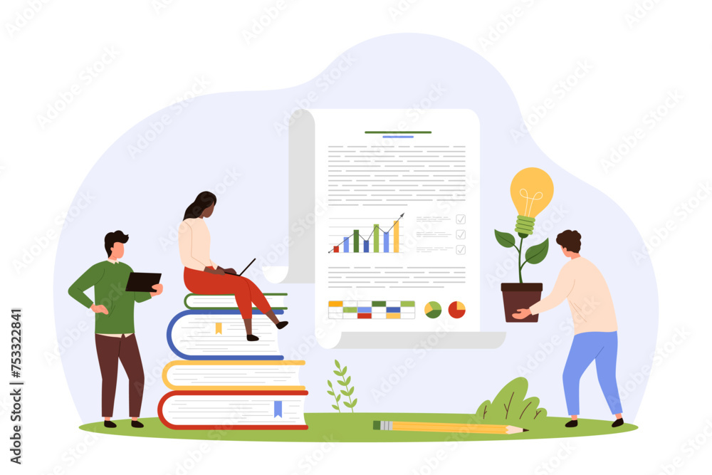 Business school, knowledge and education for success of new project. Tiny people study with books, research literature and information analysis with charts and graphs cartoon vector illustration