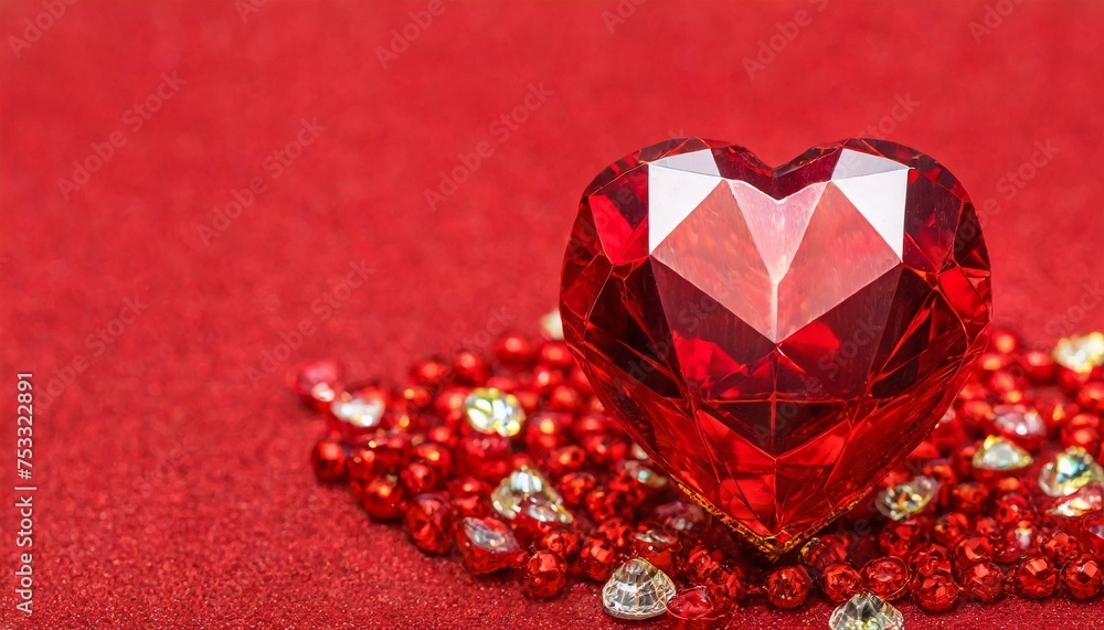 Red heart or love-shaped diamond with happy valentine day concept on red copy space background