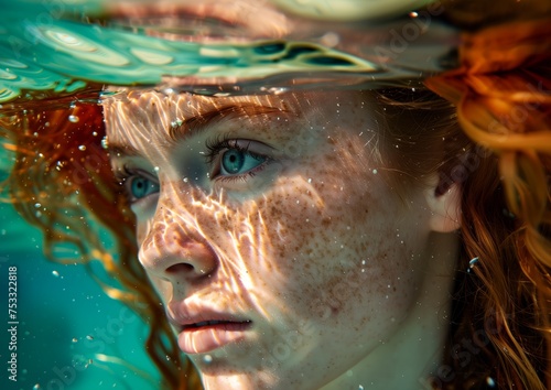 A woman with freckled hair is submerged underwater, her hair floating around her as she is surrounded by bubbles.