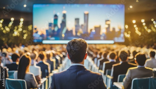 Back view of audience in the conference hall or seminar meeting with large media screen showing video presentation, business and education concept. 